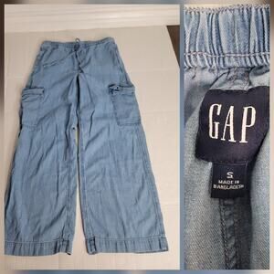 GAP Pull-On Cargo Pants SZ Small Straight Wide Leg Drawstring Chambray Coastal